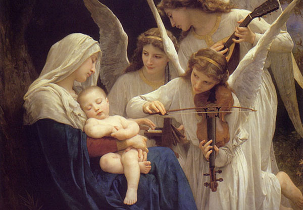 Mother holding her newborn while angels play musical instruments