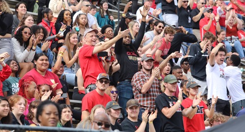 Crowd of alumni cheering on football team